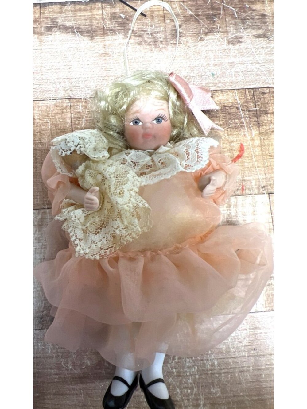 Vintage Porcelain Doll Ornament In Peach Dress - Collectible Hanging Figurine